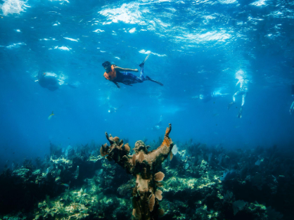 christ of the abyss snorkeler swimming above